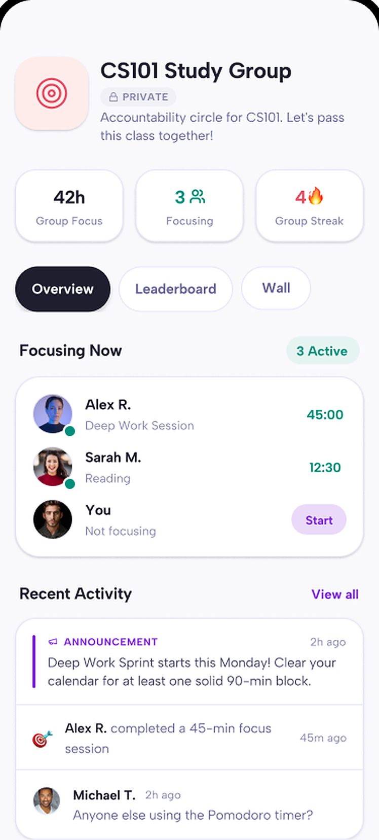 Private group detail with active members and recent focus activity