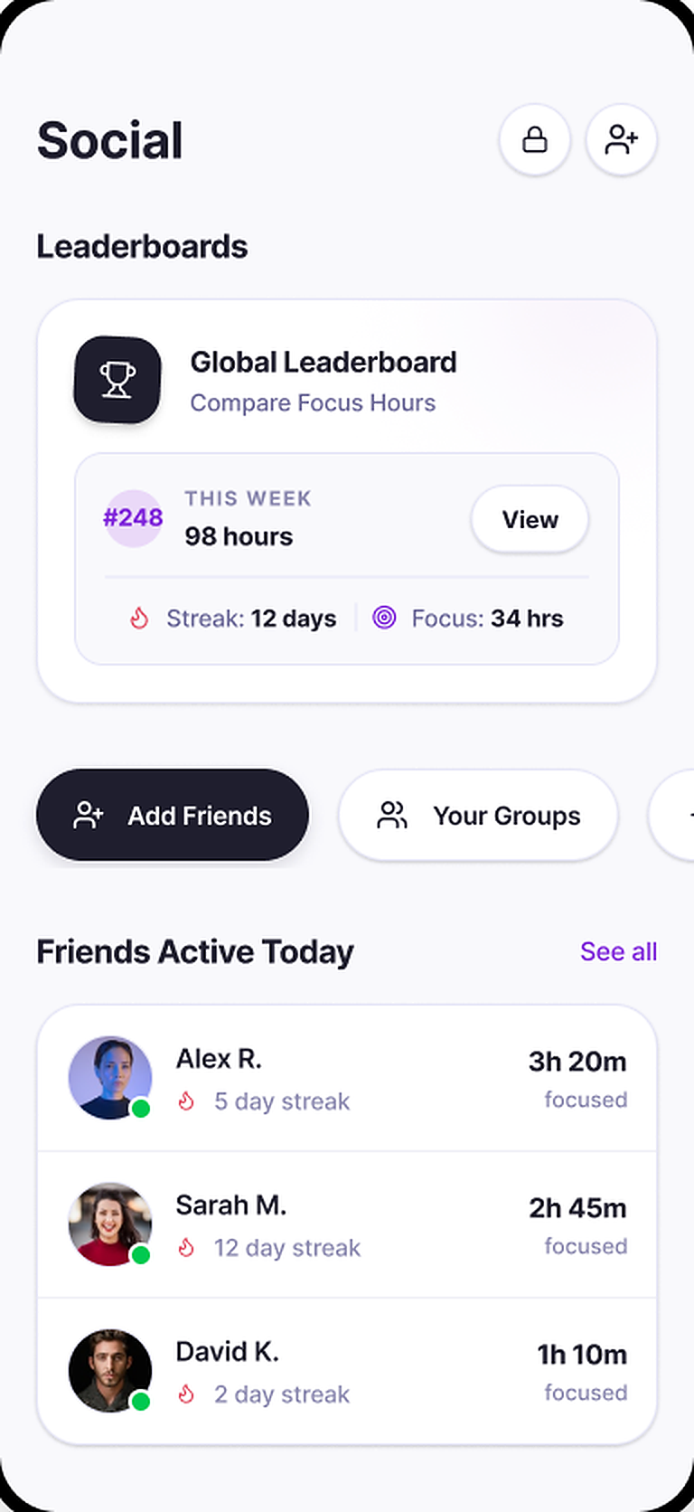 Social screen with leaderboards, active friends, and groups